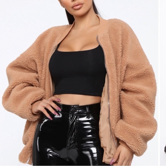 Fashion Nova Oversized Fuzzy Bomber Teddy Sherpa Jacket Mocha Tan M/L - Picture 1 of 16